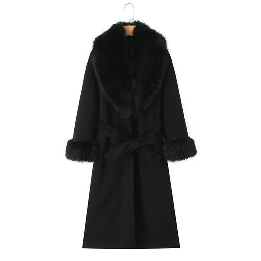Big Fur Collar Belt Wool Coat Long Jacket